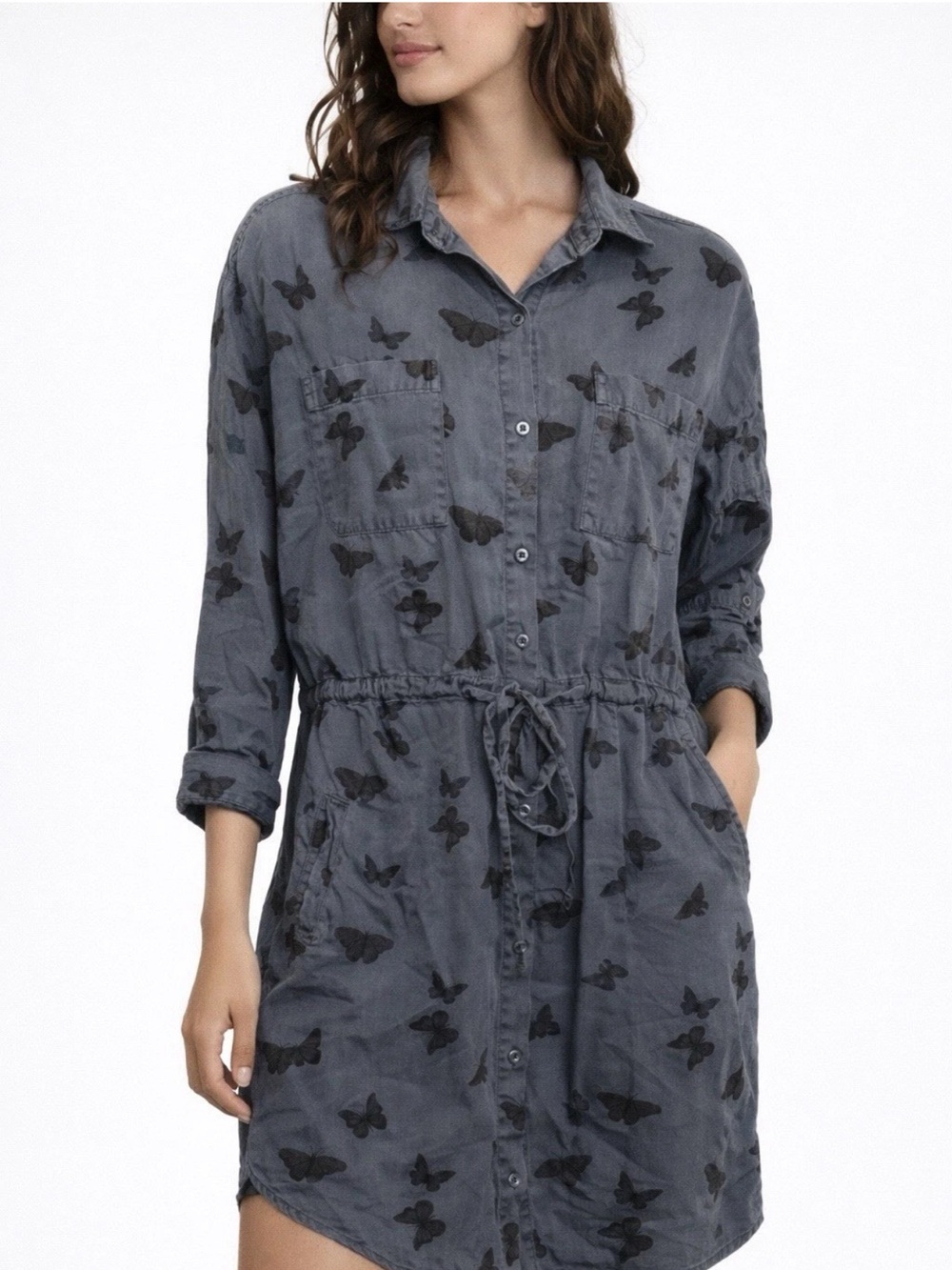Billy T Womens Chambray Shirt Dress Butterflies‎ Button Front Drawstring XS